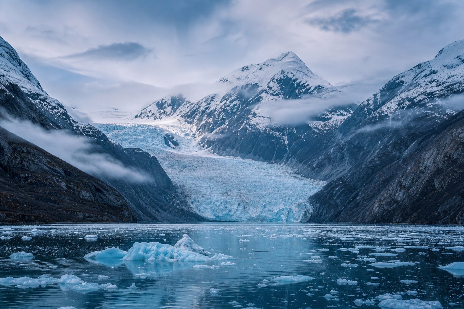 Alaskan glacier and snow capped mountains beside calm water