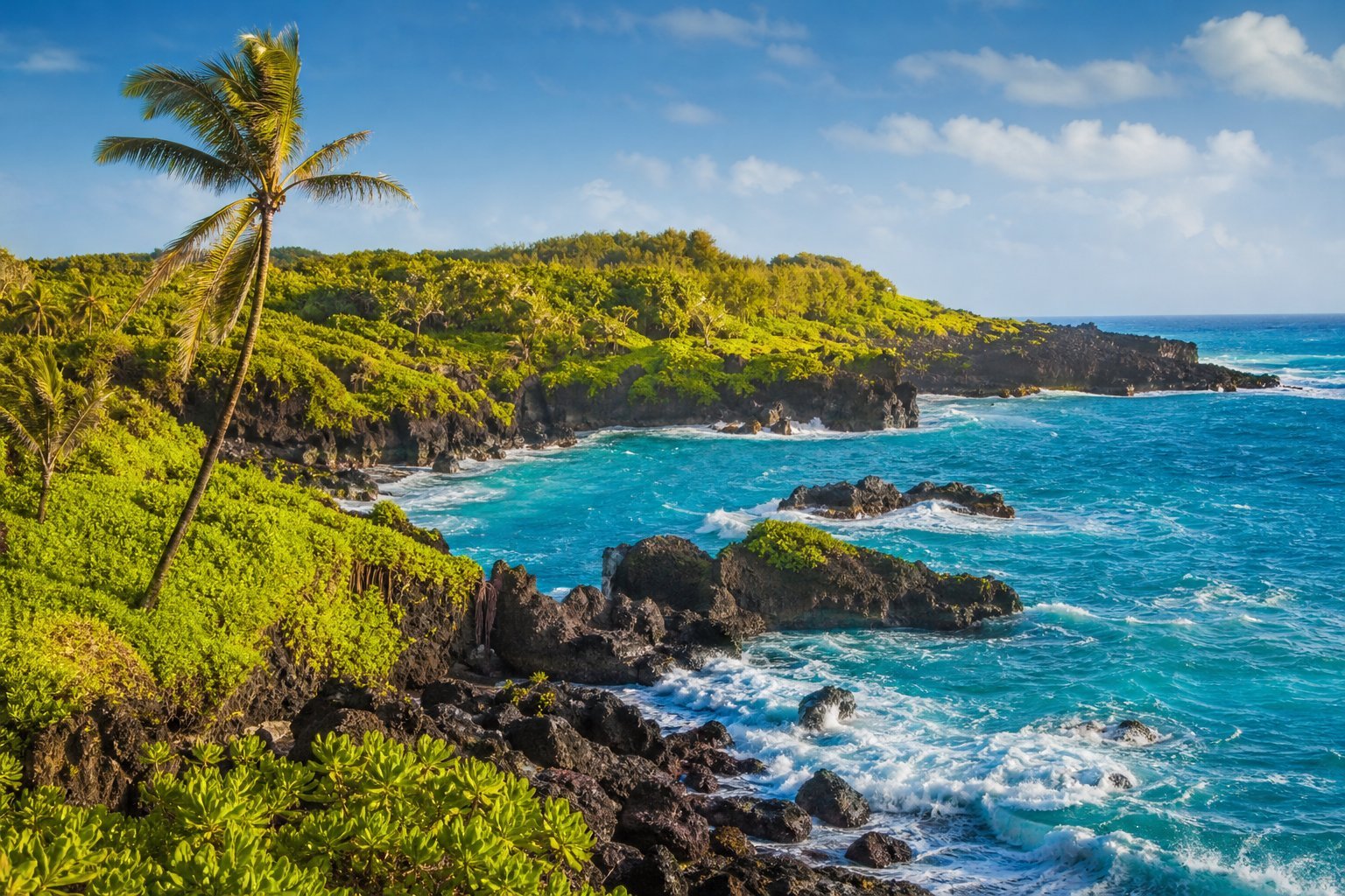 Green cliffs and turquoise surf on a volcanic Hawaiian coastline