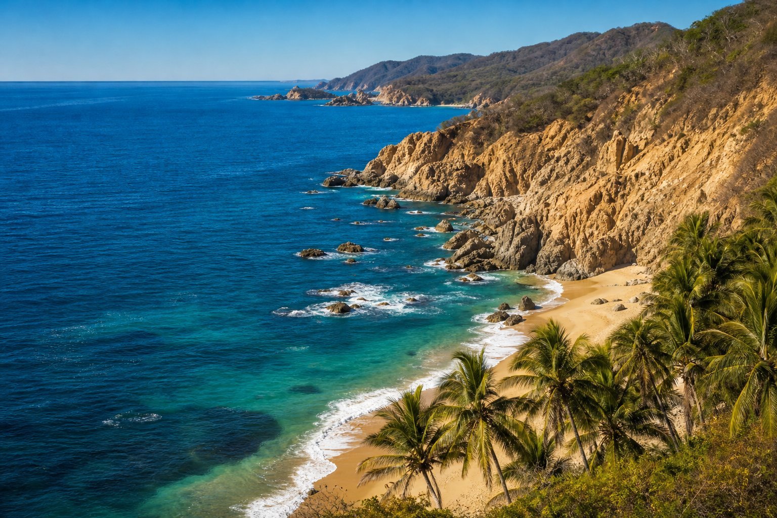 Rocky golden cliffs meeting the blue Pacific ocean on the Mexican coast