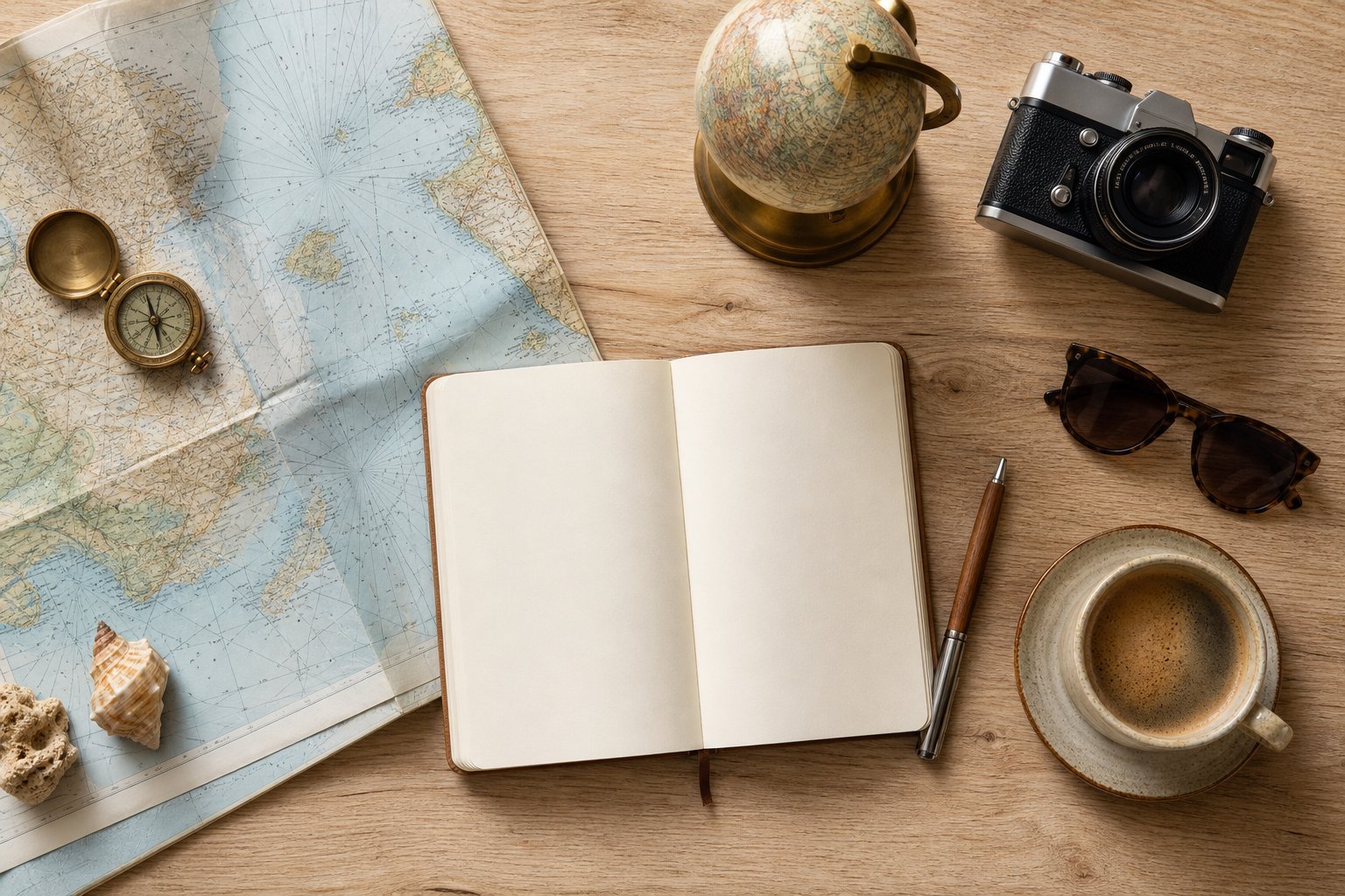 Travel planning desk with a map, notebook, globe and camera